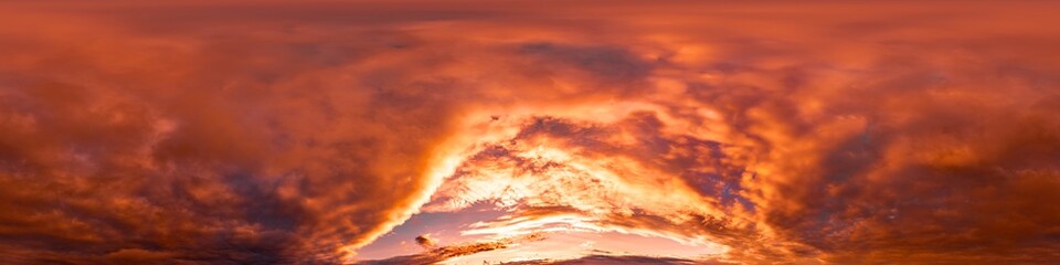 Obraz premium 360 panorama of glowing sunset sky with bright pink Cumulus clouds. HDR 360 seamless spherical panorama. Full zenith or sky dome sky replacement for aerial drone panoramas. Climate and weather change.