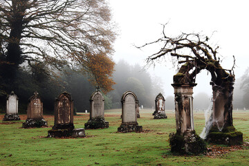 Misty old cemetery in autumn with bare trees tombstones and foggy atmosphere spooky Halloween concept haunting British landscape