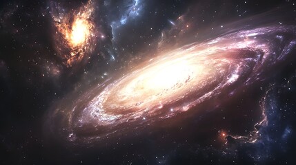 Naklejka premium Spirals Collide in Cosmic Dance of Light and Dust