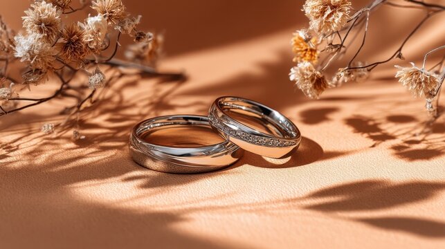 Elegant pair of platinum wedding bands with diamonds, nestled amongst dried flowers, casting delicate shadows on a beige surface. : Generative AI