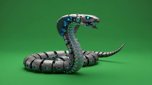 Futuristic cobra robot coiled metallic snake with blue accents and open mouth