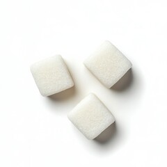 Three refined sugar cubes arranged on a pristine white surface, showcasing their granular texture and cubic shape.  A simple, clean image ideal for food, health, or sweetness-related c : Generative AI