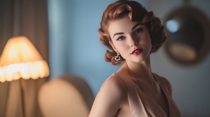 Vintage Glamour Elegant woman a 1950s style dress with classic accessories posing in a retro inspired room with soft lighting