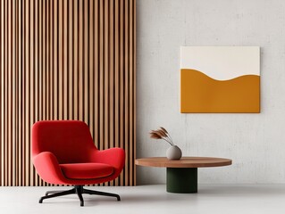 Contemporary interior design setup featuring red chair and artistic wall decor modern living room minimalist style