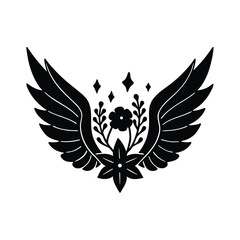 Black Wings, Floral Emblem, Starburst, Botanical, Tattoo Design, Elegant, Symbolic, Silhouette, Vint