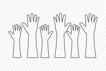 hand rise vote icon sign vector. hands up, raised up volunteering, audiences and teamwork in Stroke on Transparent Background. EPS 10.