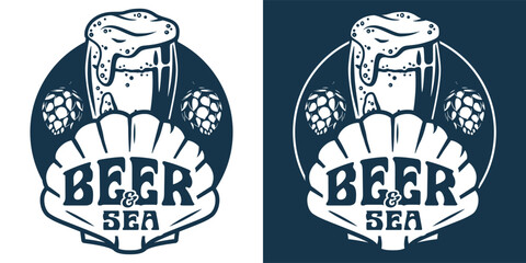 Obraz premium Retro monochrome emblem with brimming beer glass, hops, scallop shell. Beer, brew, sea bar, ocean, nautical marine theme for seaside brewing and coastal pub design.