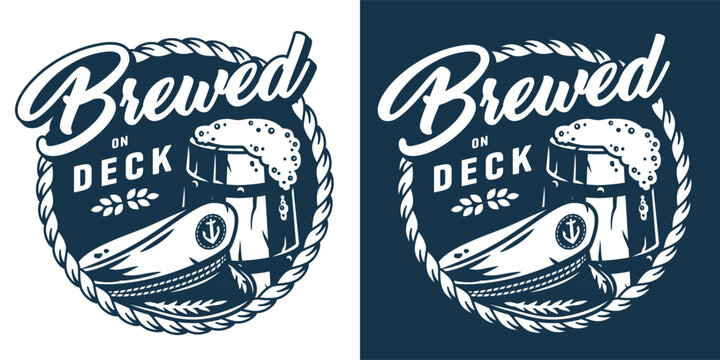 Retro style black and white emblem with overflowing beer mug, captain peaked cap, rope frame, brewed on deck text. Nautical beer, sea brew, ocean brewing, marine craft beverage theme. - Powered by Adobe
