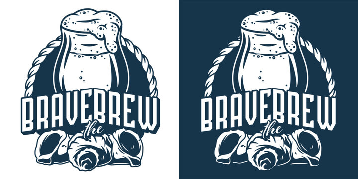 Retro style black and white design featuring overflowing beer mug wrapped with rope and decorated with seashells. Marine brewing, nautical beer, ocean brew, sea craft beverage theme.