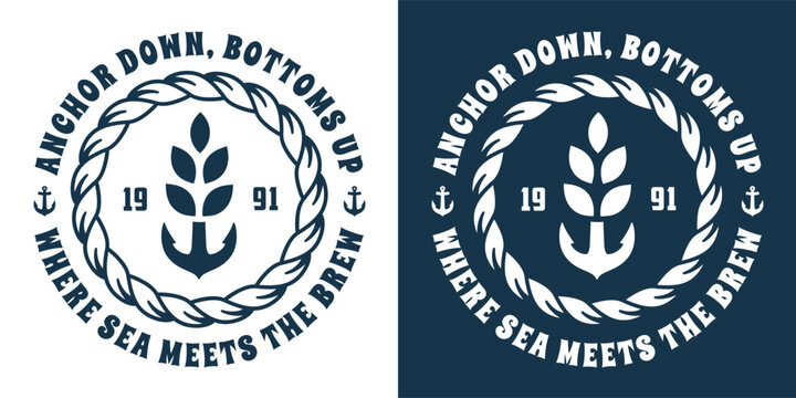 Retro style nautical logo with anchor wrapped in barley and rope. Beer, brew, sea, ocean, nautical marine theme for coastal brewery, bar or pub branding design.