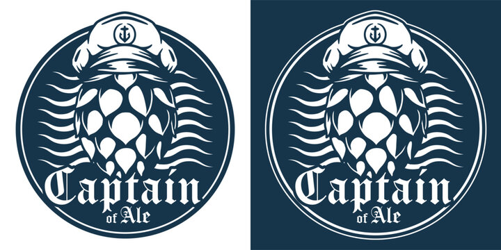 Retro nautical brewing design of hop cone captain on ocean waves. Crsft beer, brew, sea, ocean, nautical marine theme for coastal bar or pub branding.