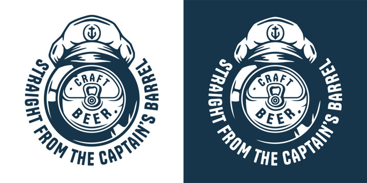 Retro style monochrome emblem with sailor cap on metal beer can, weathered typography. Craft beer, brew, sea bar, ocean, nautical marine theme for maritime brewery or pub design.