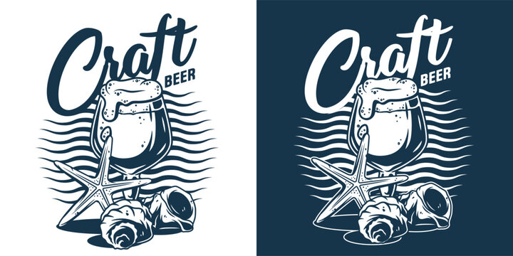 Retro style design with frothy craft beer glass overflowing near seashells and starfish. Beer bar, brew, sea, ocean, nautical marine theme for coastal pub or brewery branding.