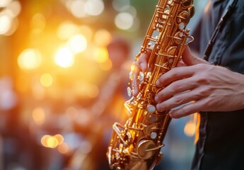 Close-up of a musician's hands playing a golden alto saxophone during an outdoor concert at sunset, blurred background lights. : Generative AI