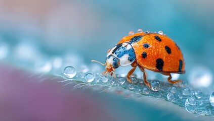 Fototapeta premium A vibrant ladybug, covered in morning dew, delicately walks across a vibrant green leaf, showcasing intricate details and a stunning bokeh background. : Generative AI