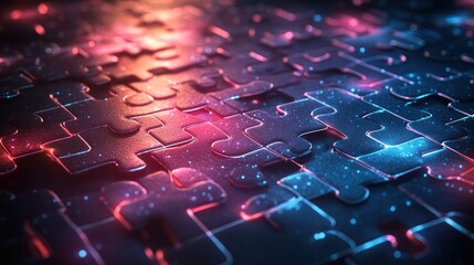 Abstract jigsaw puzzle; glowing, digital design; connecting pieces; background of complex puzzle structure