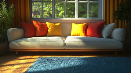 Fototapeta premium Sofa with orange and yellow pillows near window, rug in foreground. Use for warm interior design, home decor ideas, comfort, and relaxation.