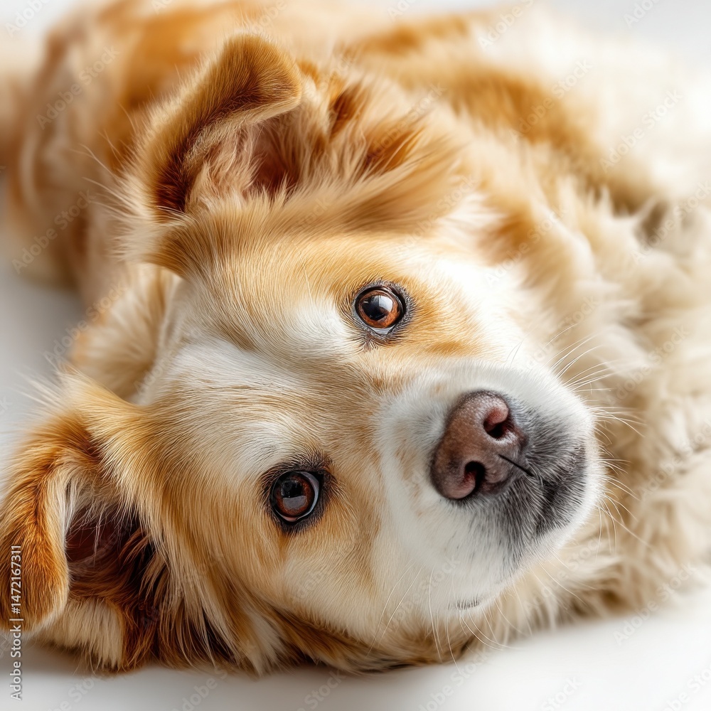 Poster adorable golden and white dog lying on its side, looking directly at the camera with big, expressive