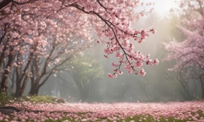 Soft pink sakura petals descend gracefully against a dreamy spring backdrop ,  bokeh,  pink,  floral