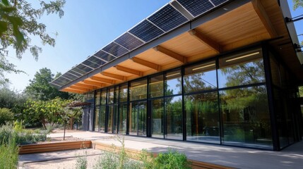 Obraz premium Modern sustainable building with solar panels on the roof, large glass windows reflecting trees, and a wooden deck. : Generative AI
