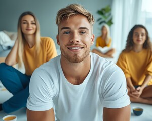 Obraz premium A smiling young man engages with friends in a cozy indoor setting, showcasing friendship and positive vibes.