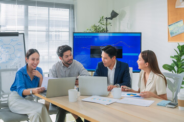 Corporate team meeting to evaluate digital marketing results, review growth data, and plan strategic business development for project success project strategy, performance data business growth office