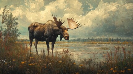 Naklejka premium Majestic moose by a tranquil woodland river.
