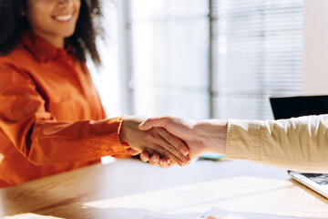 Businesswomen shaking hands after successful meeting in office