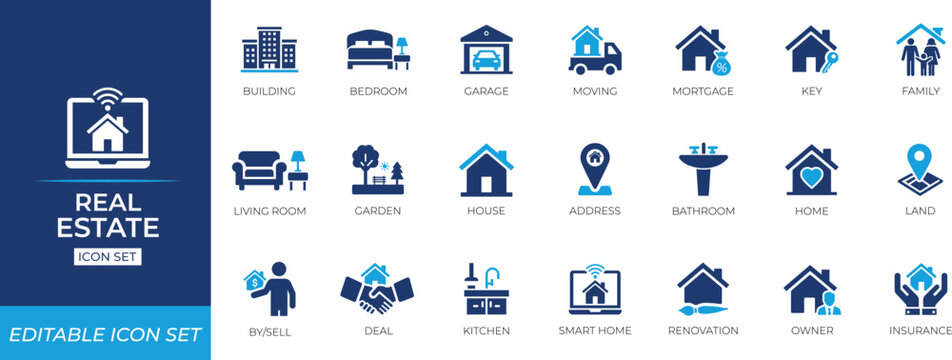 Real estate icon set featuring property, rent, agent, contract, signs, deal, estate, insurance, mortgage, and mortgage symbols for agency branding and marketing assets.