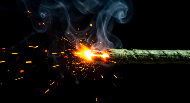 Close Up of a Lit Green Dynamite Stick Fuse Surrounded by Sparks and Smoke on a Black Background