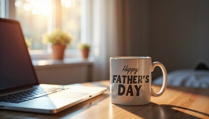 White Coffee Mug with "Happy Father's Day" Text representing a Gift near a Laptop on a Wooden Table with Sunlight