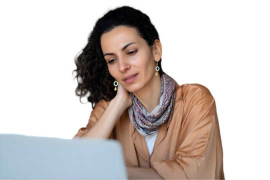 Woman with curly hair working on laptop computer thoughtful expression serious face brown on transparent background calm - Powered by Adobe