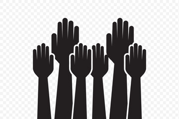 series of silhouetted hands raised high in unison icon vector illustration on Transparent Background. EPS 10.