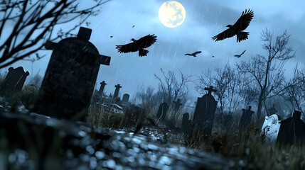 A cemetery with a large moon in the sky