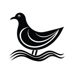 Obraz premium Minimalist black and white vector illustration of a seagull floating on water waves emblem or icon