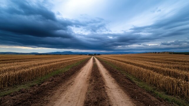 A dirt road cuts through a vast golden wheat field under a dramatic, dark sky, leading towards distant hills. : Generative AI