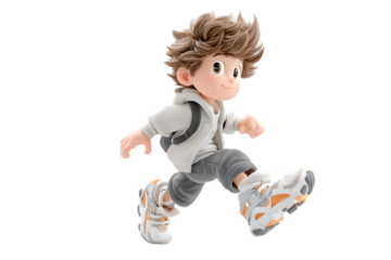 Happy cartoon boy running outdoors active lifestyle illustration 3d kid fun cute jump grey on transparent background