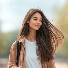 A young woman enjoys a sunny day outdoors, exuding confidence and happiness while her hair flows in the gentle breeze.