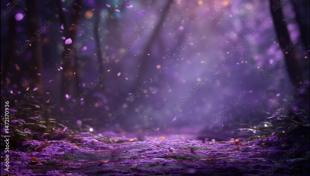 Aufkleber enchanted purple forest path with magical falling petals and soft light, creating a dreamy, mystical