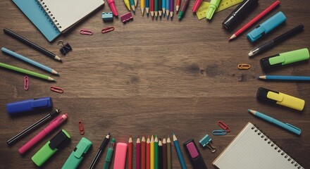 Stationery on a wooden desk forms a circle.