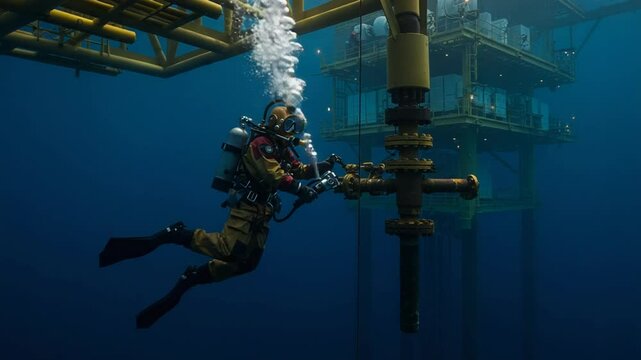 Diver undertakes underwater maintenance work near offshore platform
