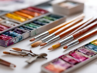Fototapeta premium Colorful watercolors and brushes on a table.