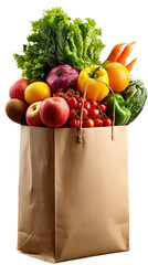 Fresh Produce in Paper Bag: A brimming paper bag overflows with vibrant, fresh fruits and vegetables, including bright red apples, green lettuce, juicy oranges, red peppers, green cucumbers.