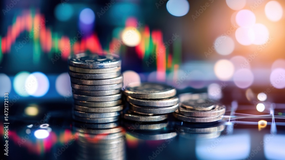 Aufkleber stacks of coins rise against a blurred background of vibrant stock market charts and bokeh lights, s