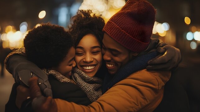 Family exchanging New Year wishes with warm hugs and high spirits