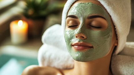 A spa day scene with a woman wearing a facial mask and a towel wrap