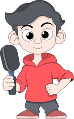 Cartoon Boy in Red Hoodie Holding Big Microphone Podcast Mascot