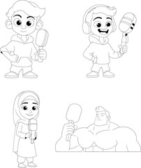 Doodle Cartoon Podcast Mascot Character Set Outline Illustration