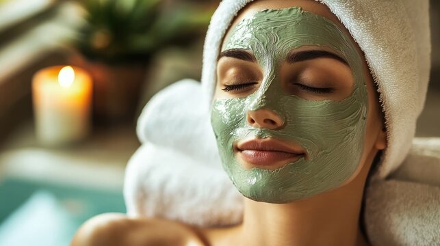 A spa day scene with a woman wearing a facial mask and a towel wrap