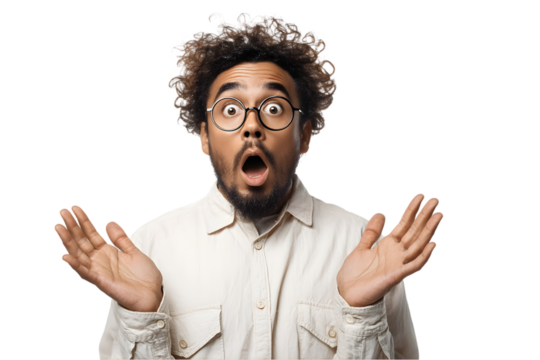 Surprised man with curly hair wearing glasses shows amazement with open hands on wow awe face on transparent background